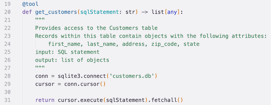 Code snippet defining a function 'get_customers' that retrieves customer records from a database based on a SQL statement.